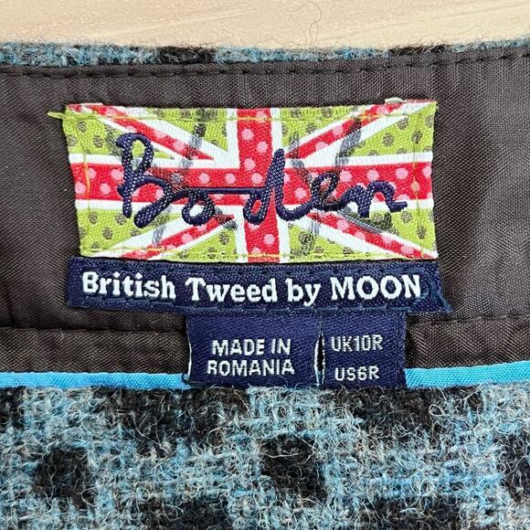 Boden 100% Wool British Tweed Faux Wrap Mini Skirt Polka Dot Blue Black, Size 6 - Picture 3 of 9